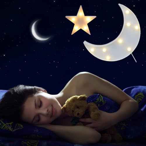 QiaoFei Decorative Moon-Star Night Light,Cute LED Nursery Night Lamp Gift-Marquee Moon-Star Sign for Birthday Party,Baby Shower,Kids Room, Living Room Decor(White)