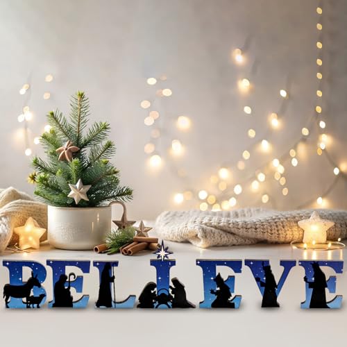 Believe Nativity Scene Wooden Sign - Christmas Tabletop Decor