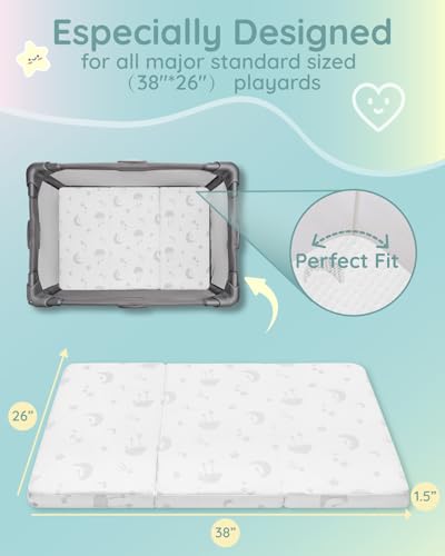 Star & Moon Pack and Play Mattress 38x26x1.5 Inch Portable Baby Crib Pad