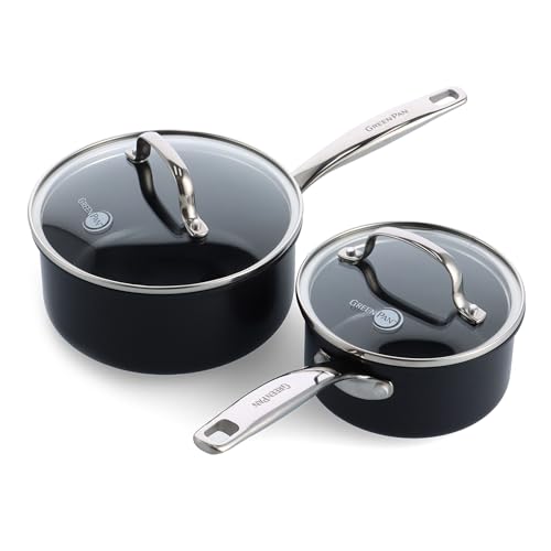 GreenPan Prime Chatham 1QT & 2QT Nonstick Saucepan Set with Glass Lids, Hard Anodized, PFAS-Free, Dishwasher Safe, Oven Safe, Black