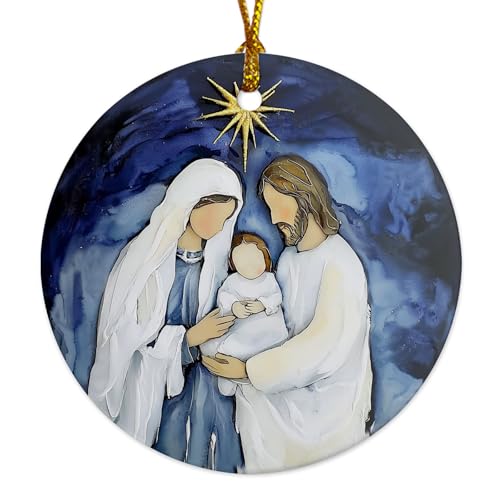 Nativity B: Baby Jesus Mary Joseph Ceramic Ornament – 3in, Two-Sided Print, Gift Box