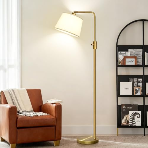 Dimmable Brass Floor Lamp with Linen Shade - Modern Arc Standing Lamp for Living Room & Bedroom