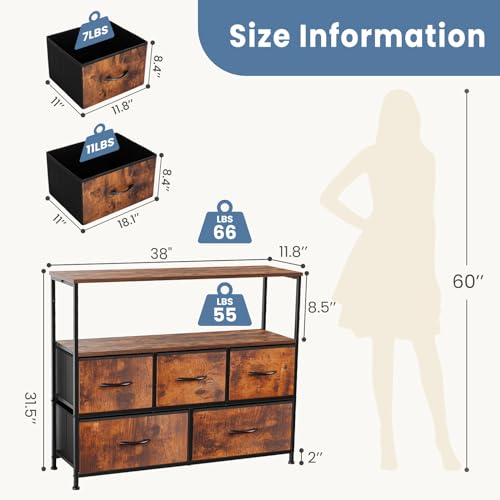 Brown 39.4" TV Stand Media Console with LED Power Station, 5 Drawers & Open Shelves