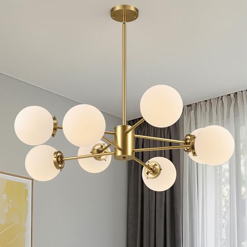 Gold 8-Light Sputnik Chandelier Frosted Glass Ceiling Light Fixture