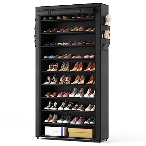 Black 10-Tier Shoe Rack with Dustproof Cover, Large Capacity Organizer