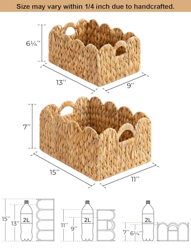 Natural Water Hyacinth Wicker Basket Set - Scalloped Edge Handwoven Storage Baskets with Handles - 15x11 Inches (Variation: Natural Water Hyacinth)