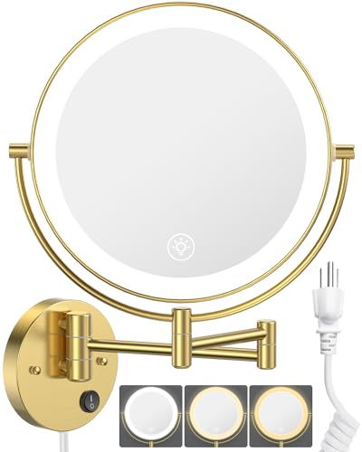 Benbilry 9" Wall Mounted LED Makeup Mirror with 10X Magnification, Gold, Corded