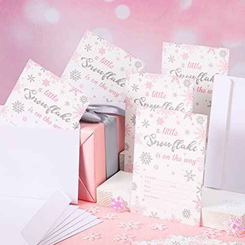 25 Sets Snowflake Baby Shower Invitations with Envelopes A Little Snowflake is on The Way Party Decorations Silver Pink Invitations for Christmas Winter Gender Reveal Party Supplies, 4 x 6 Inch