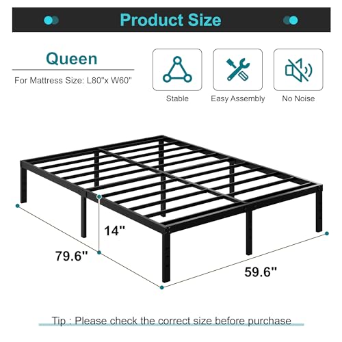 Maenizi 14 Inch Queen Metal Bed Frame - Heavy Duty Support, No Box Spring Needed