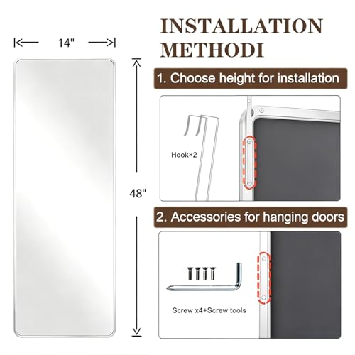 DMWOODFL 48x14 Rounded Rectangle Over The Door Mirror Silver White No Drill Installation