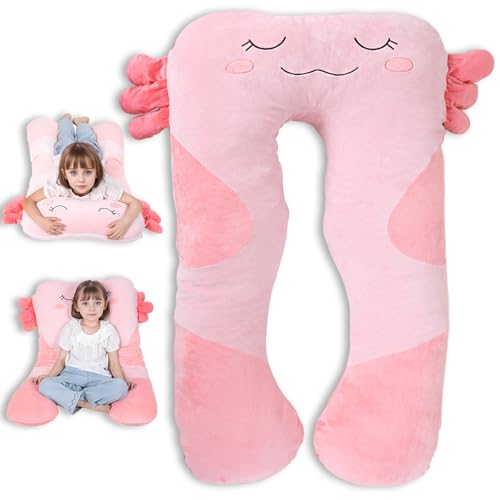 Pink Axolotl U-Shaped Plush Body Pillow for Kids - Soft Large Sleeping Cushion