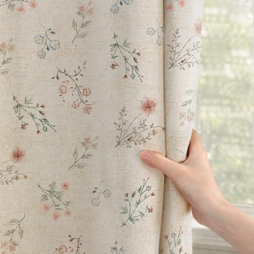 Blackout Floral Curtains - Linen Texture, 84 Inch, 2 Panels - Vintage Boho Farmhouse Style