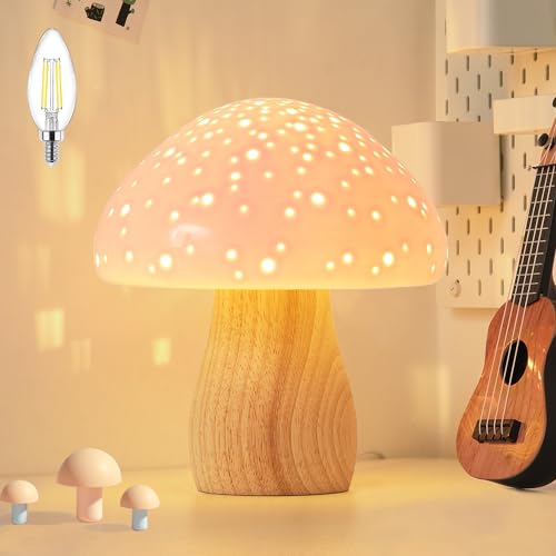 BOHON Pink Mushroom Ceramic Bedside Table Lamp with Warm White LED Bulb