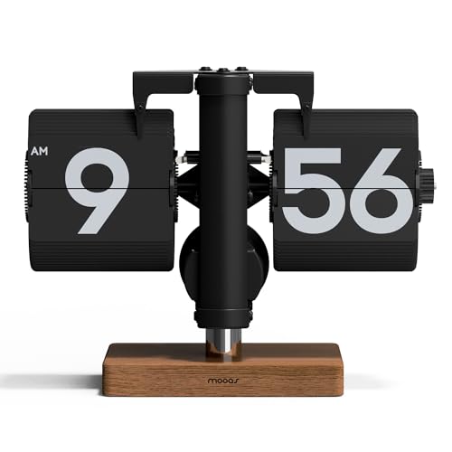 Mini Black Wood Flip Desk Clock - Classic Modern Retro Analog Table Timepiece