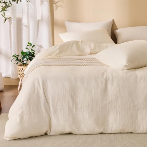 Cream Queen Size Duvet Cover - 100% Sandwashed Cotton, Oeko-Tex Certified, Button & Zipper Closure, Linen-Like Texture, RENEWROOTS