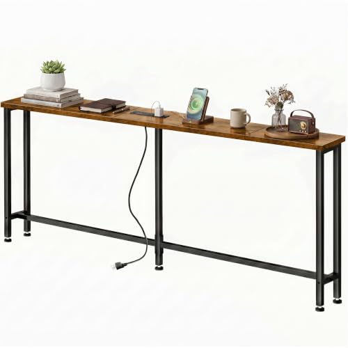 70-Inch Narrow Sofa Table with Outlets - Rustic Brown, 70.8 W x 5.9 D x 29.7 H