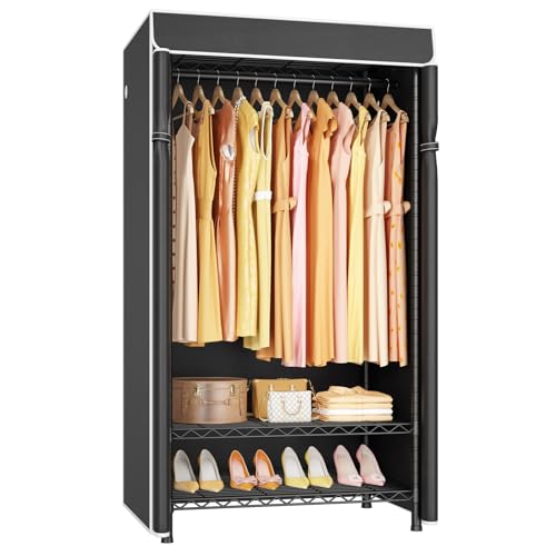 ULIFHOME H5C Clothes Rack with Cover - Heavy Duty Black Wardrobe Organizer