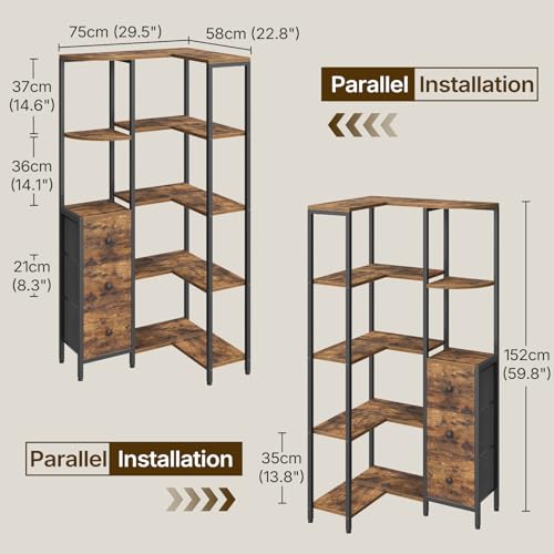YATINEY Rustic Brown & Black 5-Tier Corner L-Shaped Bookshelf with Fabric Drawers