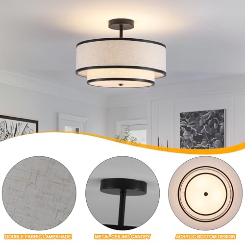 Black Semi Flush Mount Ceiling Light with Double Drum Fabric Shade - Modern Farmhouse Chandelier for Bedroom, Kitchen, Hallway