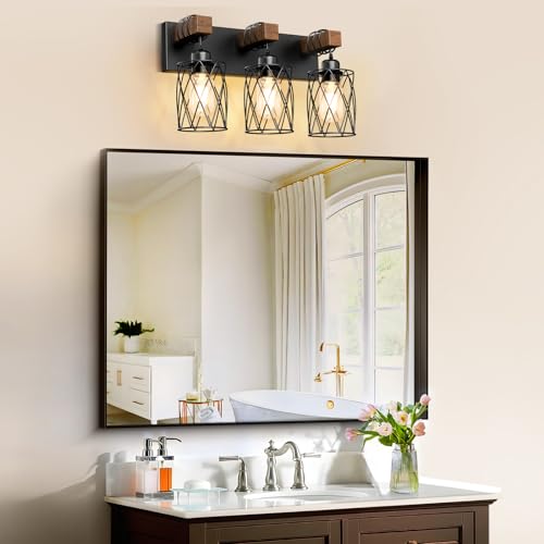 Black Farmhouse Bathroom Vanity Light - 3-Light Wooden & Metal Fixture