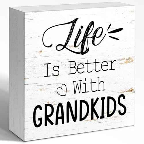 Funny Farmhouse Wood Box Sign Wall Decor, Life Is Better With Grandkids Wood Block Sign Wall Decorate, Grandparents Gift Rustic Home Office Desk Tabletop Shelf Decoration