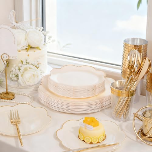 Elegant Gold Rim Ivory Plastic Plates Set for Wedding Gala - Beige & Gold Variation