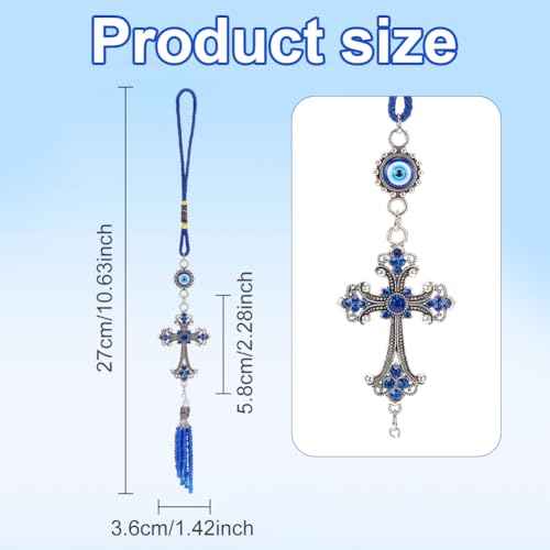 WEBEEDY Evil Eye Car Hanging Ornament Cross Pendant Turkish Blue Evil Eye Car Charms Protective Wall Decor for Cars Rear View Mirror Window Door Christmas Back to School Decor Gift,Length 10.6inch