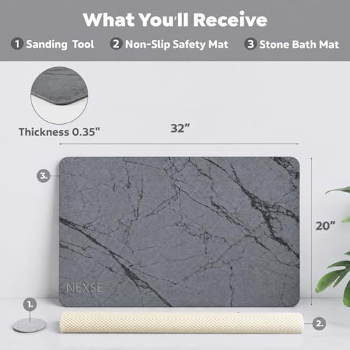 Gray Extra Large Diatomaceous Earth Bath Mat 32x20 Inch Non-Slip Absorbent Shower Mat