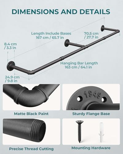 Heavy Duty Industrial Pipe Clothes Rack 65.7 Inch Wall-Mounted 2 Pack - Black