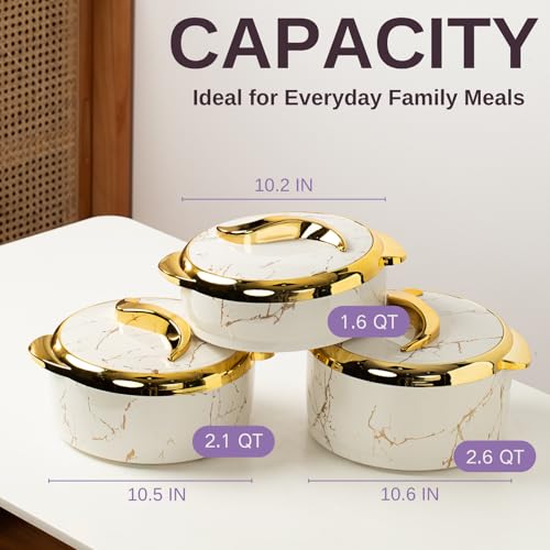 Hywisnok Marble White Insulated Casserole Dishes Set with Lids, 2.6/2.1/1.6 Qt - Thermal Serving Bowls, 3 Pieces