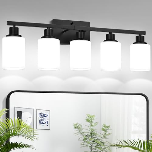 Matte Black 5-Light Bathroom Vanity Light Fixture with Milky White Shades — Over Mirror, Modern Wall Lamp