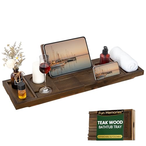 Dark Walnut Teak Bathtub Tray Expandable 28-40 Inch with Wine Glass & Phone Holders