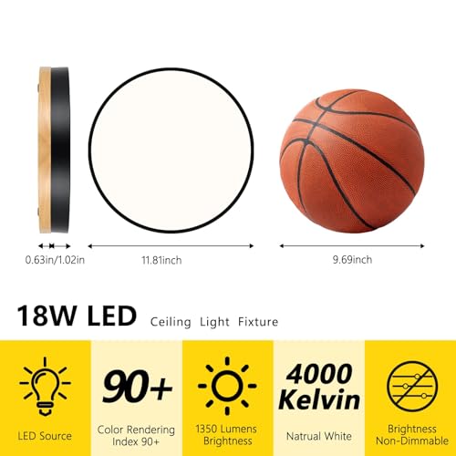 Black Wood Flush Mount Ceiling Light 11.81 Inch Non-Dimmable Modern Design