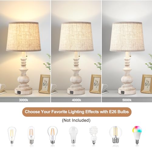 Drawealth Farmhouse Bedside Table Lamps Set of 2 - White, 22'' with USB Charging & Pull Chain