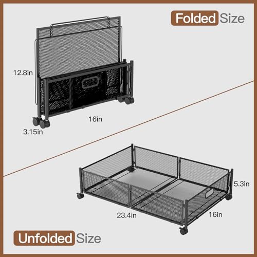Gawerk Under Bed Storage Container with Wheels - Foldable Metal Mesh Bin for Clothes - Black - 2 Pack