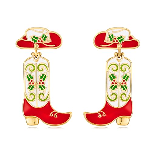 Christmas Boot Hammered Horseshoe Dangle Earrings 14k Gold Plated Western Lucky Symbol for Women