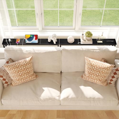 Narrow Console Table with Outlets - 78.8 Inch Black Sofa Behind Couch