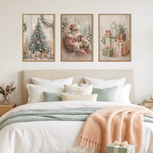 HLNIUC Vintage Christmas Canvas Wall Art Santa Claus with Gift, 24x36 Inches