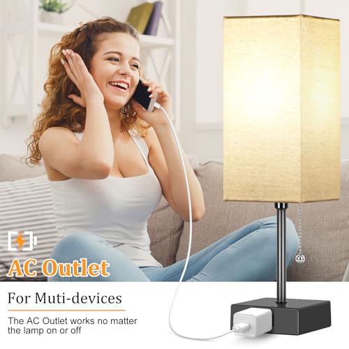 Black Linen 15-Inch Bedside Table Lamp with 3 Color Modes & USB Outlet