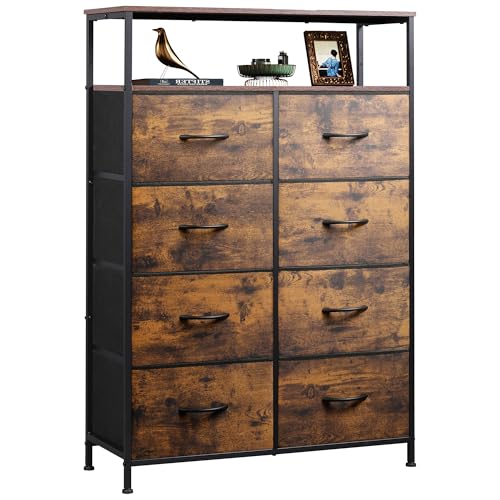WLIVE Rustic Brown Fabric Dresser with 8 Drawers & Open Shelves - Stable Storage