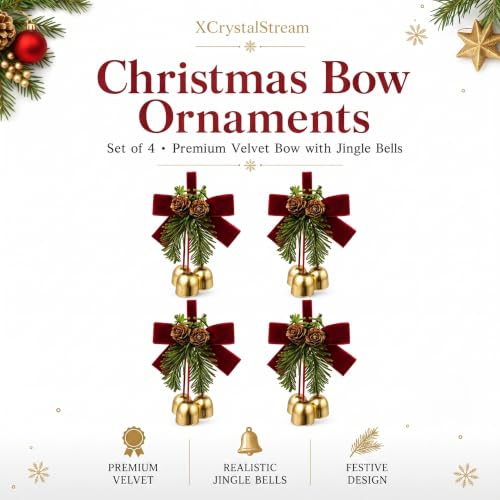 4 Pack Christmas Bow Ornaments with Jingle Bells, Pine Cone Hanging