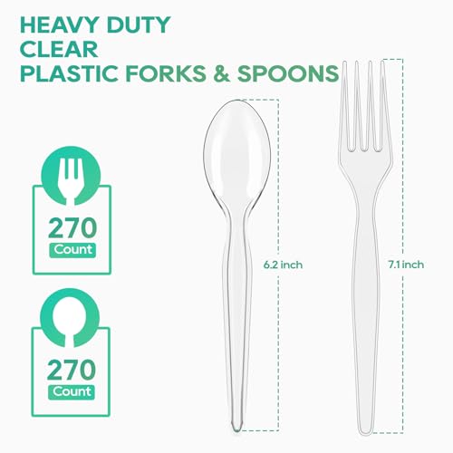 Heavy Duty Clear Plastic Forks & Spoons Set - 540 Count Disposable Flatware with Variation of Clear Forks & Spoons