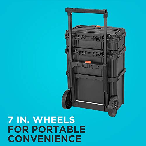 Stackable Tool Storage System - 3 Piece Set with Rolling Tote and Toolboxes