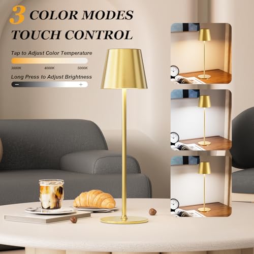 Cordless Rechargeable Table Lamp - Gold, 3 Color Dimming & Touch Control, Down Light Variation