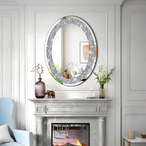 Oval Silver Mirror with Crushed Diamond Bling Wall Decor 32"L x 24"W - Frameless Glam Mirror