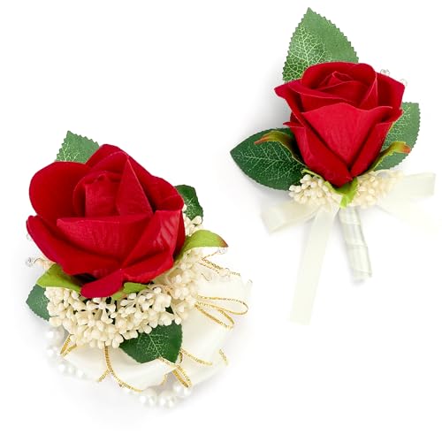 2pcs Red Corsage Wristlet Boutonniere for Men Silk Christmas Corsgea and Boutonniere Set Double Pearl Wrist Corsage Bracelets Rose Boutonniere for Wedding Party Prom Decor