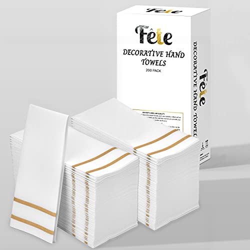 Disposable Linen-Feel Guest Towels - Gold Design, 200 Count - Formal Dinner & Wedding Napkins - 8.5x4 Inches Folded, 12x16.5 Unfolded - Gold 2 Lines Variation