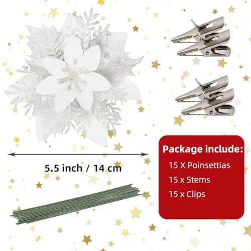 15 Pcs Christmas Flowers Artificial Poinsettia Flower Decorations with Clips and Stems, Glitter Christmas Poinsettia Decorations, Christmas Tree Ornaments for Party Wreath DIY£¨White£©