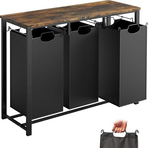 Laundry Sorter with Tabletop Shelf - 3-Section Fabric Hampers, Rustic Brown