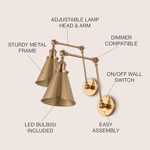 Wall Sconce Set of 2 - 7-Inch Brass Gold Adjustable Wall Lights